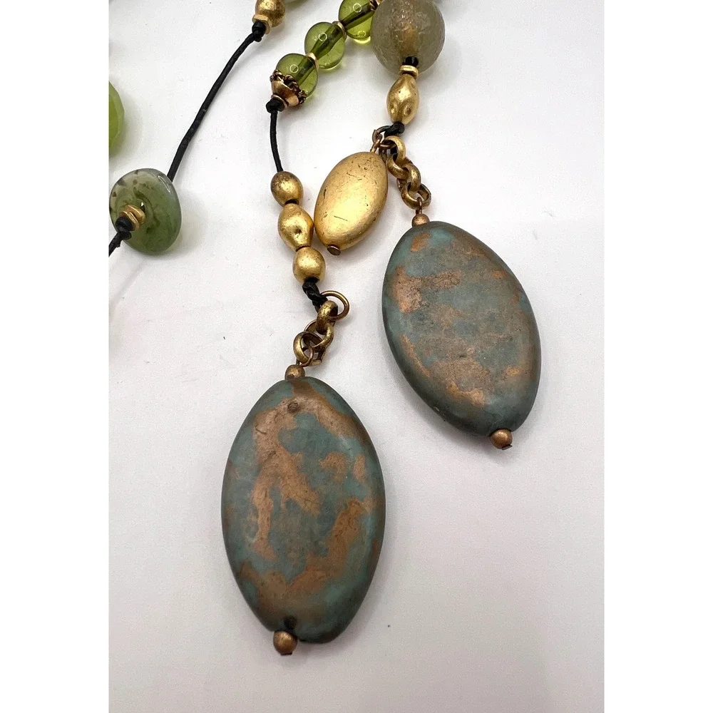Chico's Green Stone Drop Necklace Boho Artisan 28